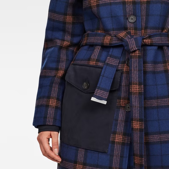 G-STAR // padded fieldcoat belted blue orange tartan plaid wool blend - Picture 5 of 15